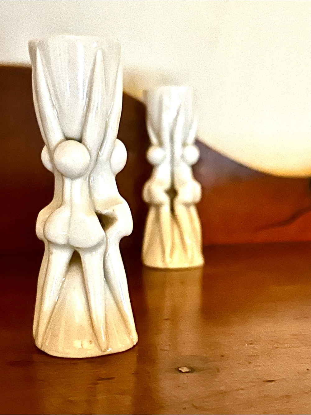 Vintage Pair Mid Century White Ceramic Taper Candle Holders Artistic Pottery